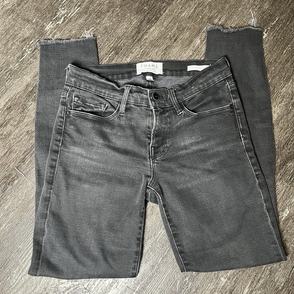 Frame Jeans Denim Black Le Skinny De Jeanne Size 25 Destroyed‎ Frayed